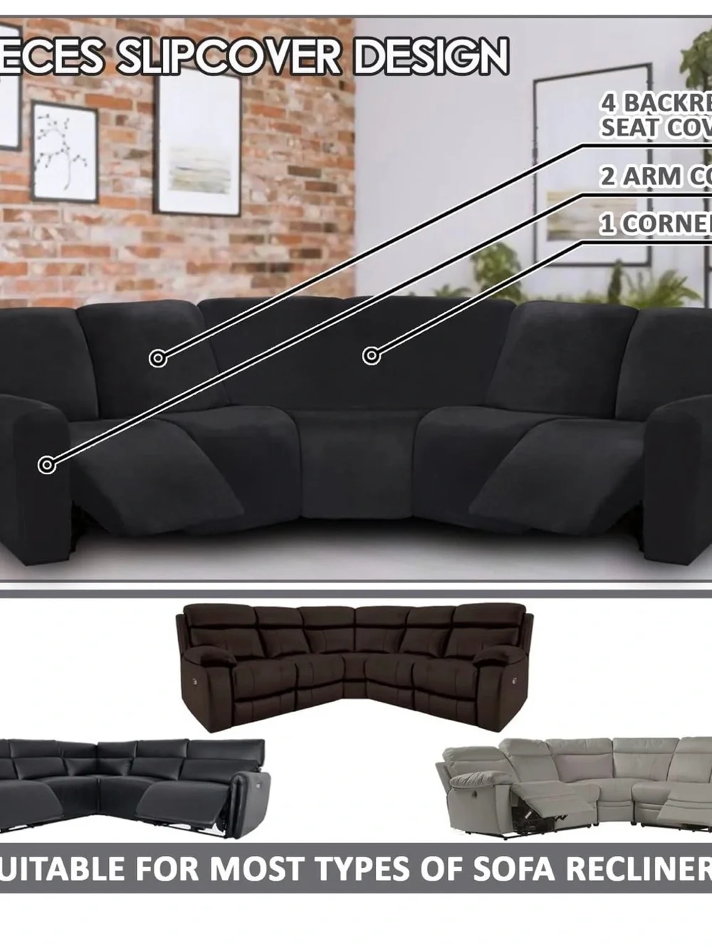 Stretch Reclining couch covers (Black, 5 seat covers)